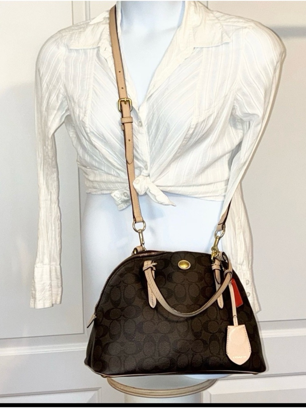 Coach Brown Signature Satchel with Light Beige Trim - Picture 9 of 9
